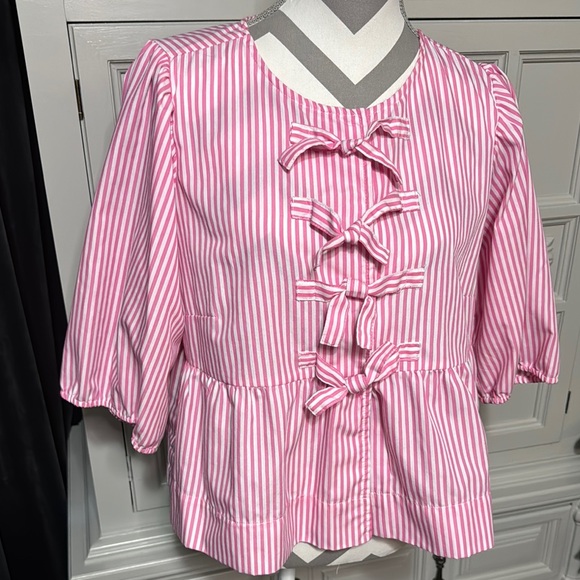 Velvet Heart Tops - Velvet Heart Pink & White Striped Bow Blouse Size Large